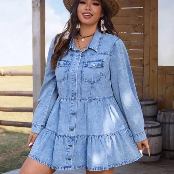 SHEIN Light Blue Denim Long Sleeve Dress - Picture 1 of 2